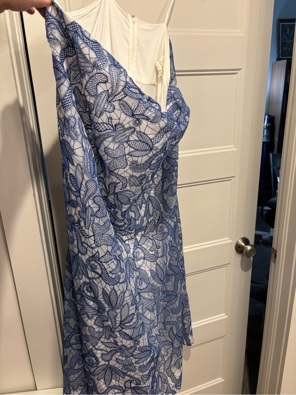 Anthropologie White Dress with Blue Floral Lace Overlay